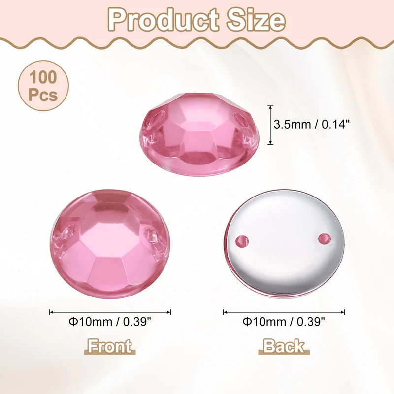 100Pcs Flat Back Sew on Rhinestones Beads, 10mm Crystal Round Gems, Pink