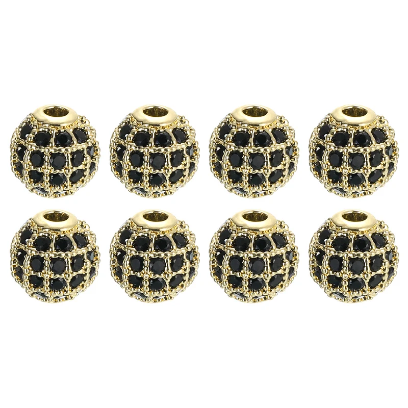 8Pcs Charm Rhinestone Beads 6mm Round Zircon Pave Beads Black Gold