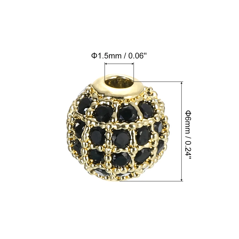 8Pcs Charm Rhinestone Beads 6mm Round Zircon Pave Beads Black Gold