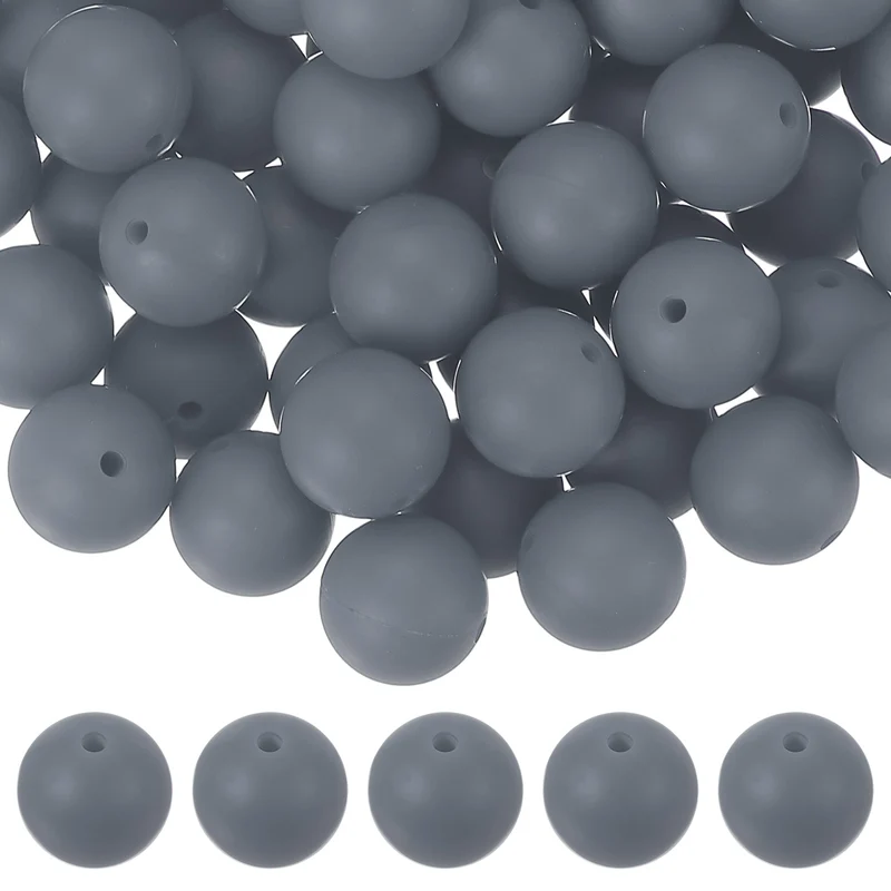 60 Pcs Silicone Beads, 15mm Bulk Beads for Keychain Making, Gray