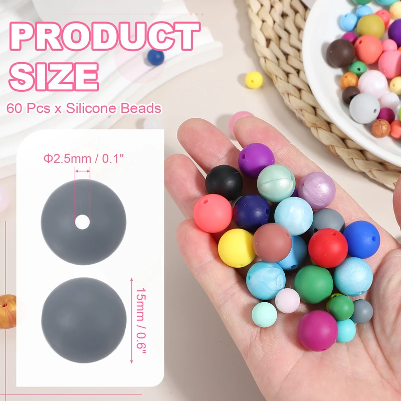 60 Pcs Silicone Beads, 15mm Bulk Beads for Keychain Making, Gray