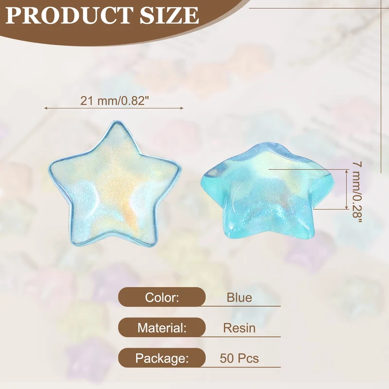50 Pcs Flat Back Resin Star Beads, Glitter Star Charm, Blue