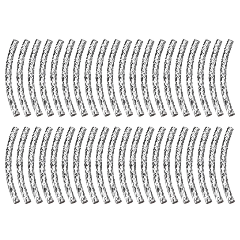 40Pcs Brass Curved Tube Beads, 1.5x25mm, Silver Tone