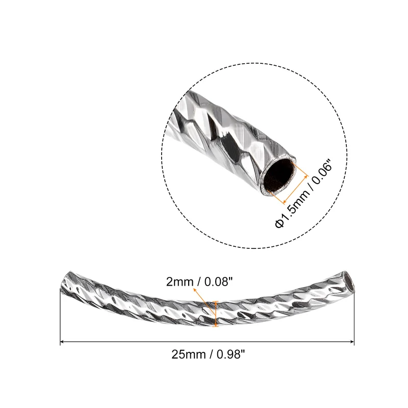 40Pcs Brass Curved Tube Beads, 1.5x25mm, Silver Tone