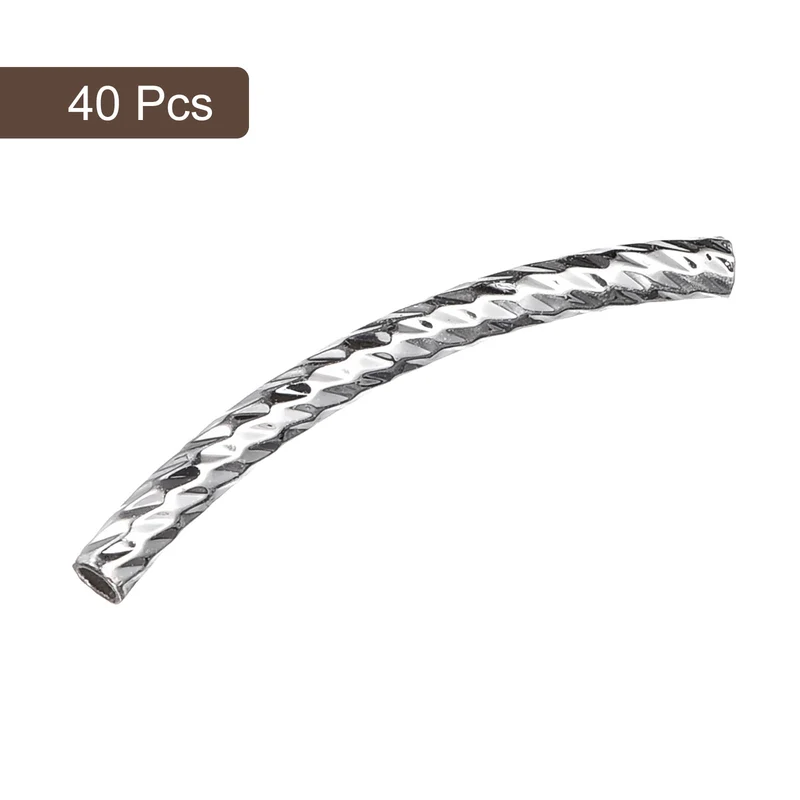 40Pcs Brass Curved Tube Beads, 1.5x25mm, Silver Tone