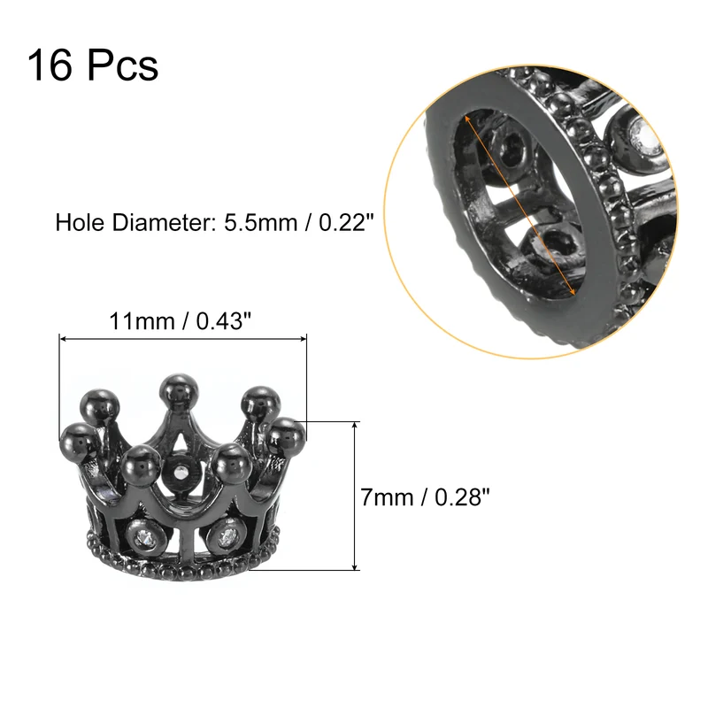 16Pcs Crown Charm Spacer Beads 11x7mm Zircon Pave Beads Metallic Black