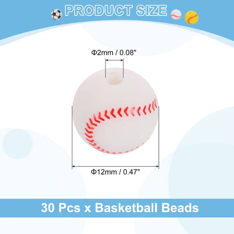 30Pcs Sports Ball Beads 12mm Silicone Round Spacer Focal Bead White Baseball