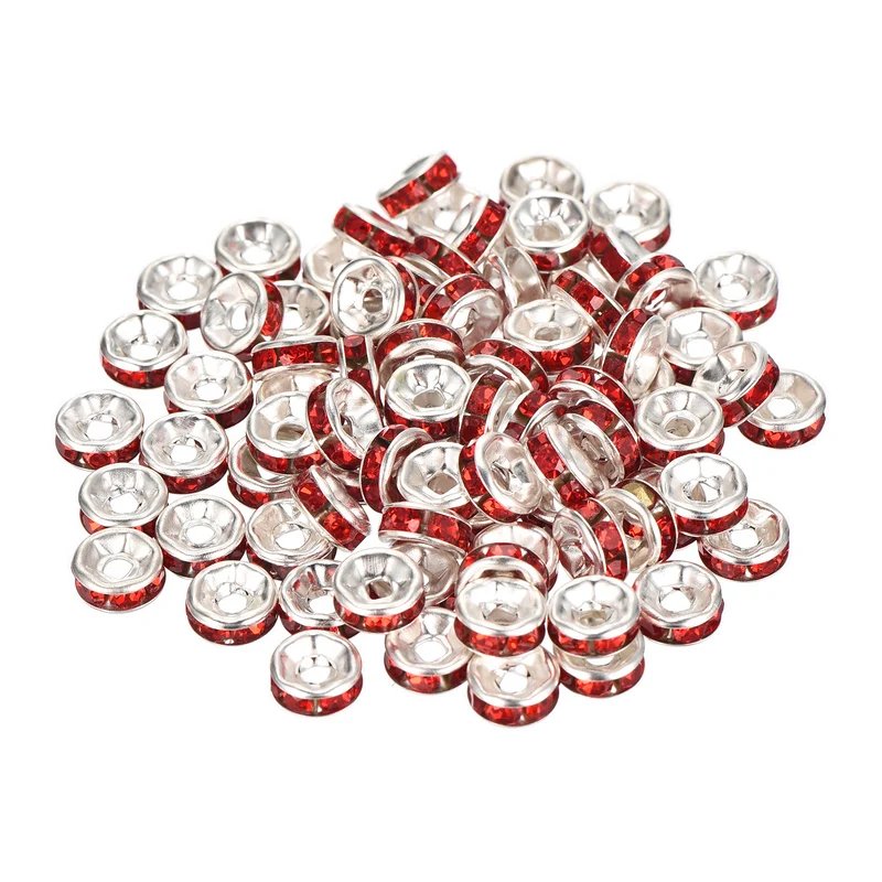 80Pcs 6mm Silver Plated Rhinestone Rondelle Spacer Beads, Red