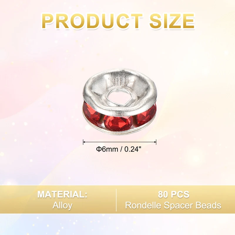80Pcs 6mm Silver Plated Rhinestone Rondelle Spacer Beads, Red