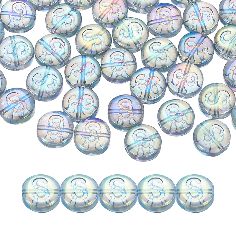 60Pcs Glass Letter Beads, 10mm S Initial Letter Spacer Beads, Blue Green