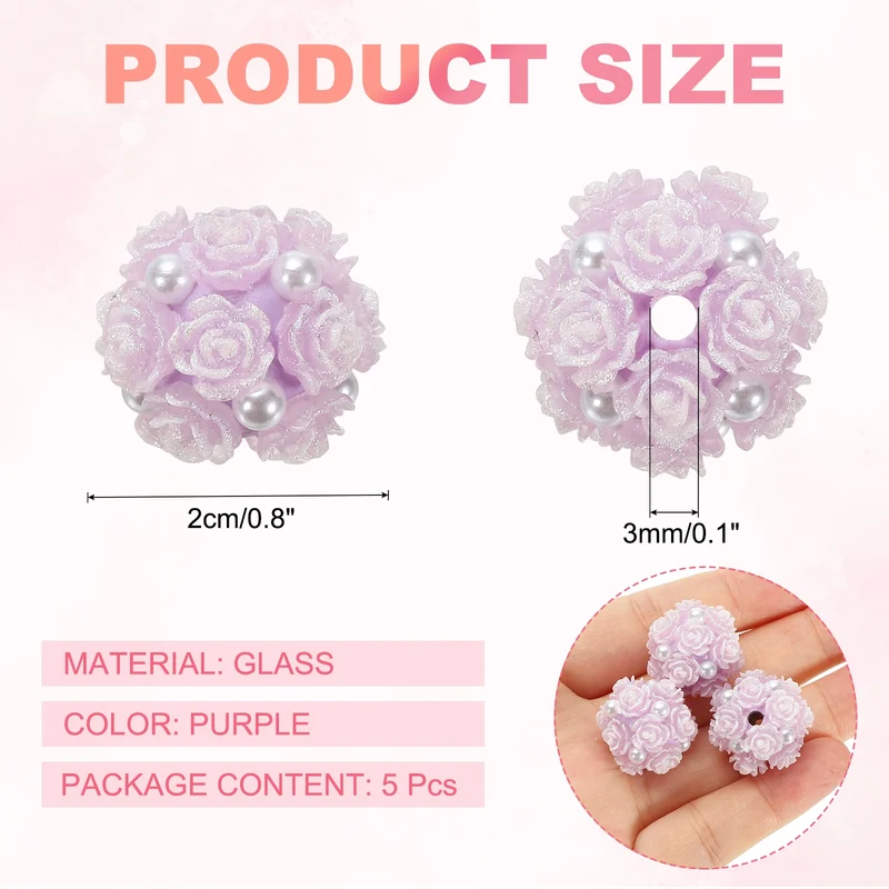 5 Pcs Rhinestone Focal Beads for Pens, 0.8" Glass Flower Beads, Purple
