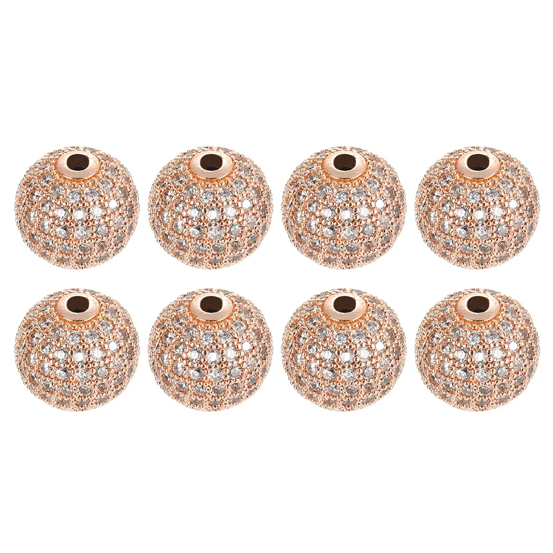 Charm Rhinestone Beads, 8Pcs - 12mm Round Zircon Pave Beads (White - Rose Gold)