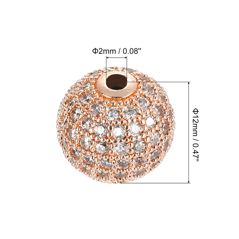 Charm Rhinestone Beads, 8Pcs - 12mm Round Zircon Pave Beads (White - Rose Gold)