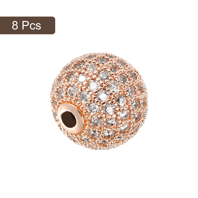 Charm Rhinestone Beads, 8Pcs - 12mm Round Zircon Pave Beads (White - Rose Gold)
