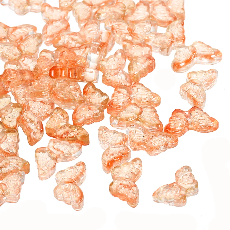 50Pcs Crystal Butterfly Beads, 8x15mm Transparent Loose Bead, Green Orange