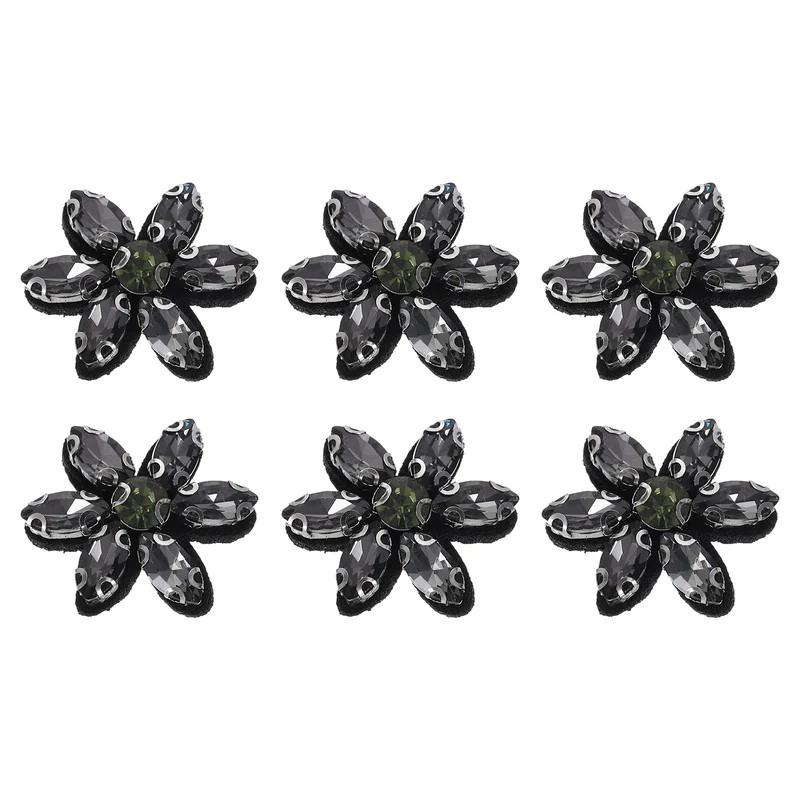 6Pcs Handmade Flower Beaded Patches, Glass Crystal Appliques, Black
