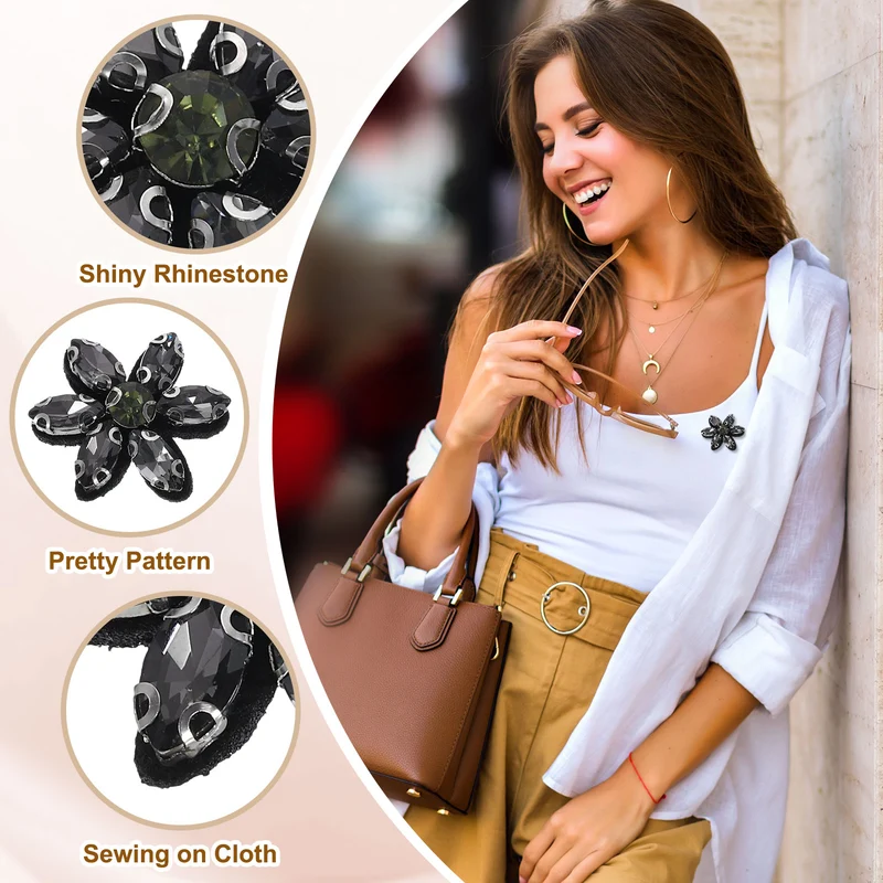 6Pcs Handmade Flower Beaded Patches, Glass Crystal Appliques, Black