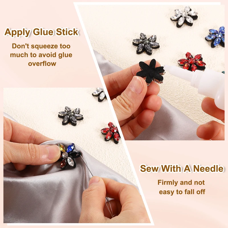6Pcs Handmade Flower Beaded Patches, Glass Crystal Appliques, Black