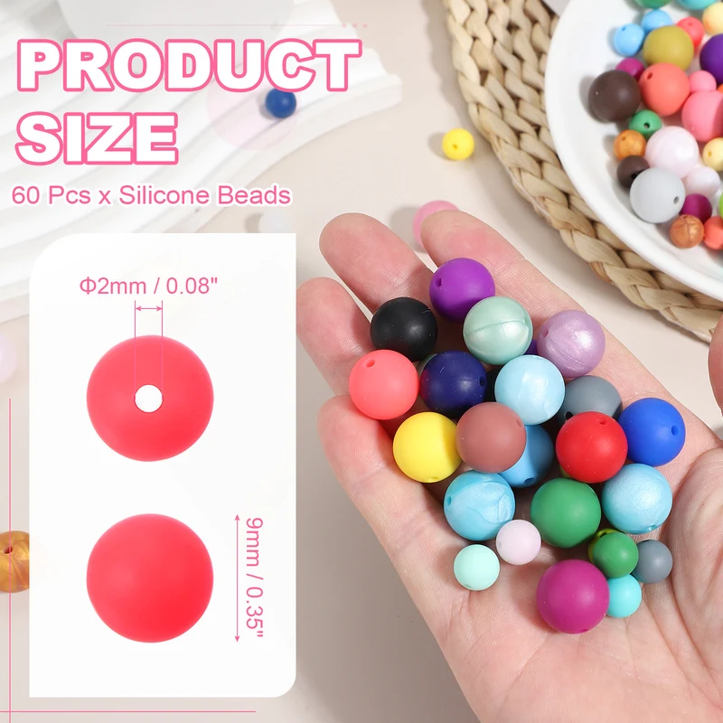60 Pcs Silicone Beads, 9mm Bulk Beads for Keychain Making, Bright Pink
