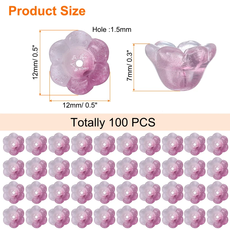 100 Pcs Glass Flower Beads for Jewelry Making, Loose Bead Charm, Purple