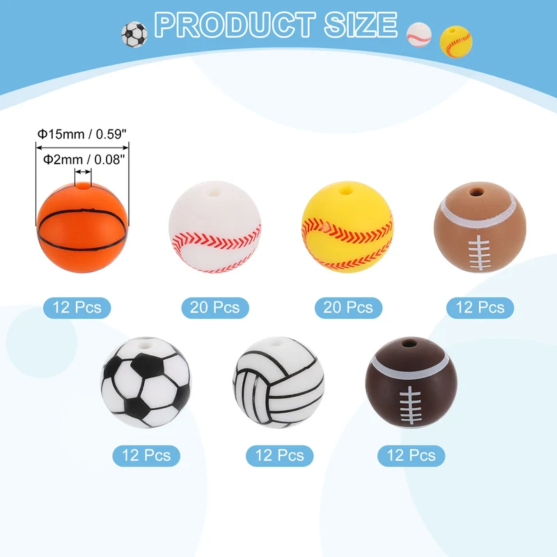 100Pcs Sports Ball Beads 15mm Silicone Round Spacer Focal Beads 7 Styles