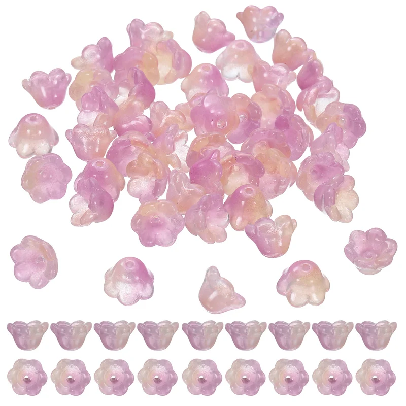 100 Pcs Glass Flower Beads for Jewelry Making, Loose Bead Charm, Yellow/Purple