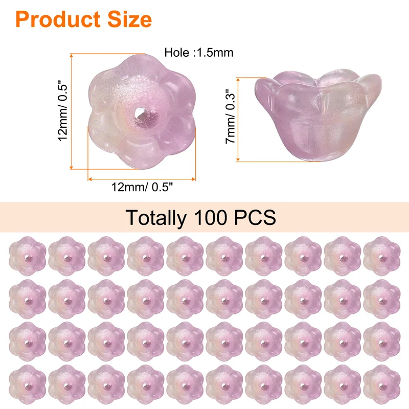100 Pcs Glass Flower Beads for Jewelry Making, Loose Bead Charm, Yellow/Purple