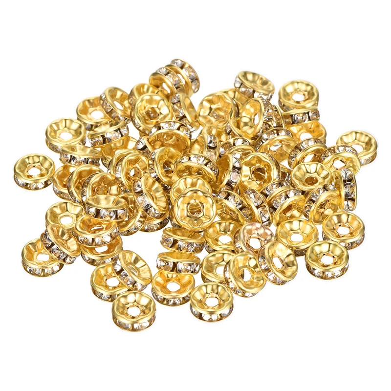 80Pcs 8mm Rhinestone Rondelle Spacer Beads, Imitation Gold