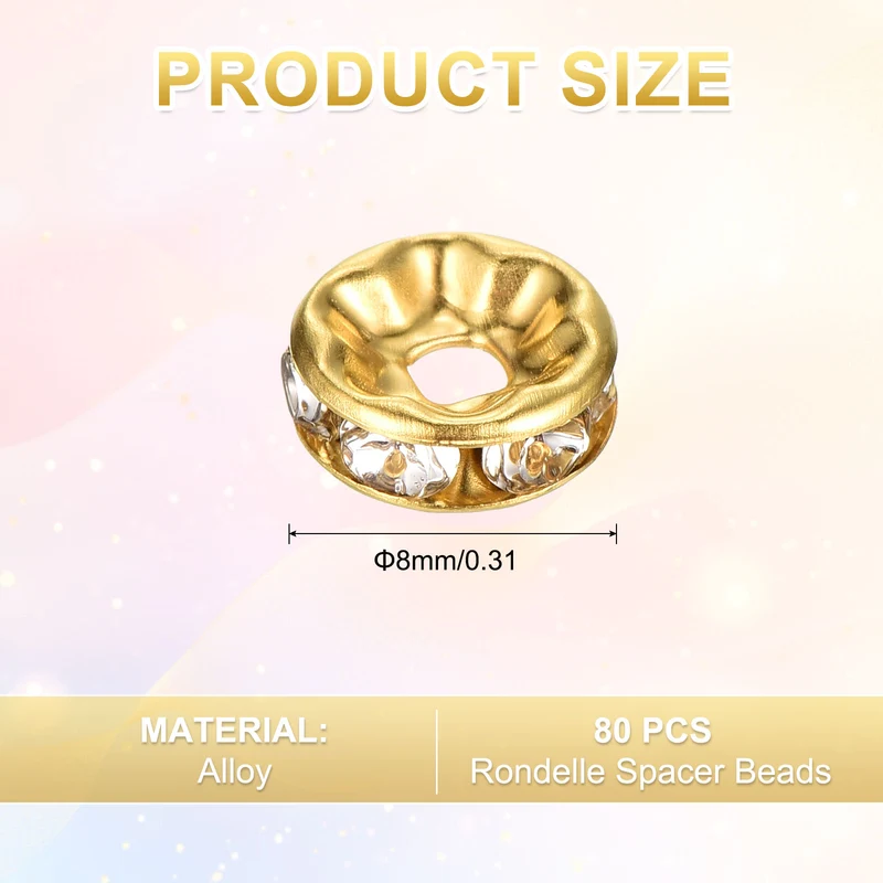 80Pcs 8mm Rhinestone Rondelle Spacer Beads, Imitation Gold