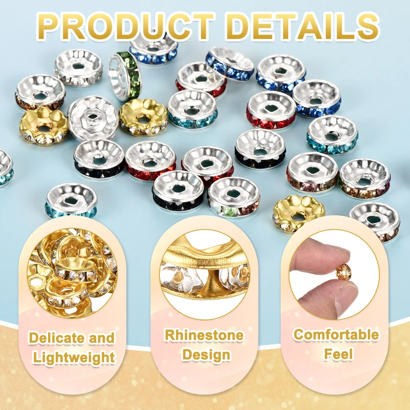 80Pcs 8mm Rhinestone Rondelle Spacer Beads, Imitation Gold
