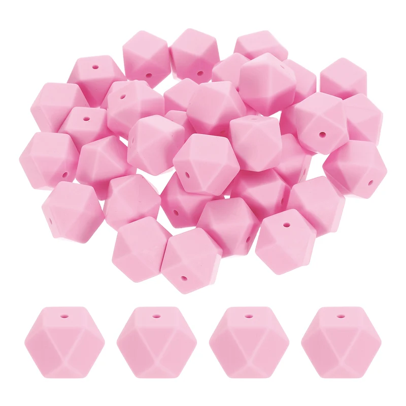 50 Pcs Silicone Beads, 17mm Loose Hexagon Rubber Focal Beads, Pink