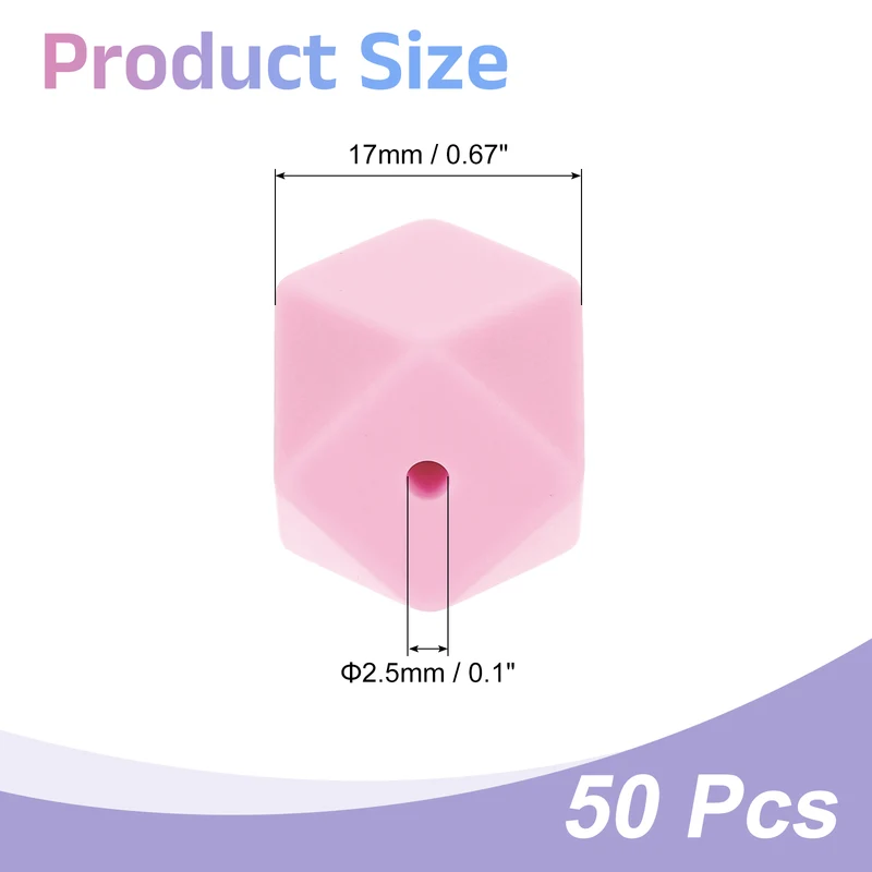 50 Pcs Silicone Beads, 17mm Loose Hexagon Rubber Focal Beads, Pink