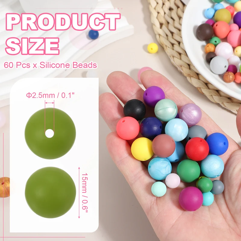 60 Pcs Silicone Beads, 15mm Bulk Beads for Keychain Making, Deep Green