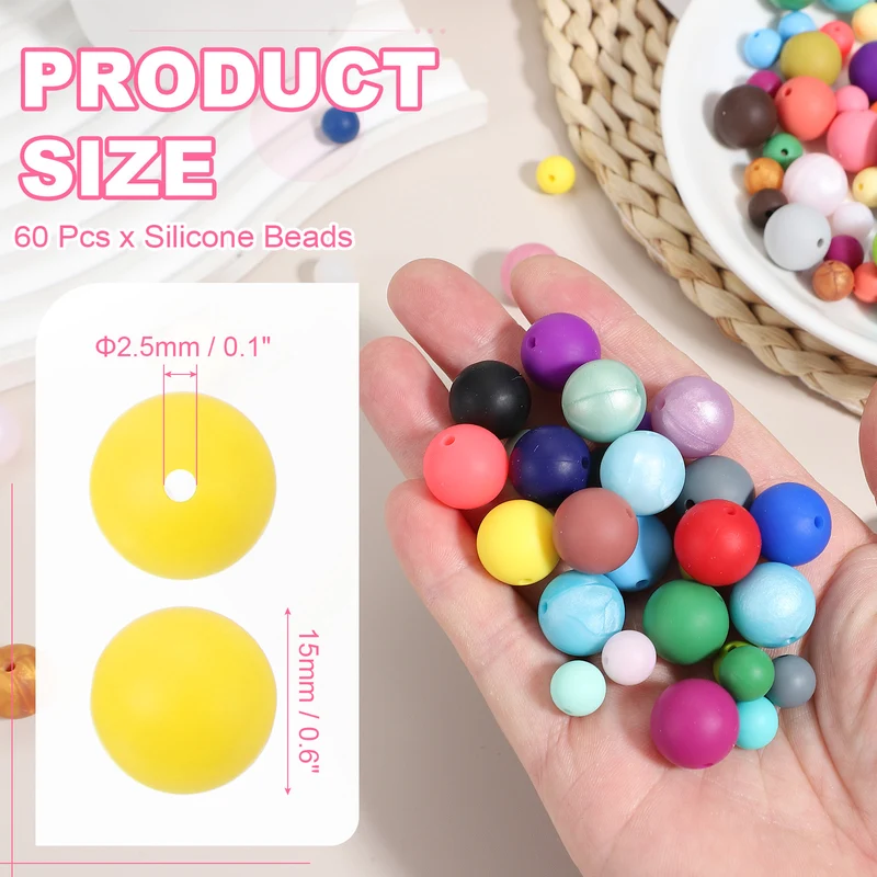 60 Pcs Silicone Beads, 15mm Bulk Beads for Keychain Making, Yellow