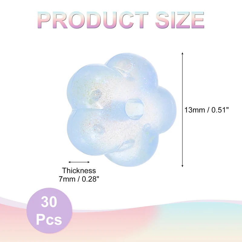 30Pcs Flower Acrylic Beads, 7x13mm Sparkle Acrylic Spacer Beads (Light Blue)
