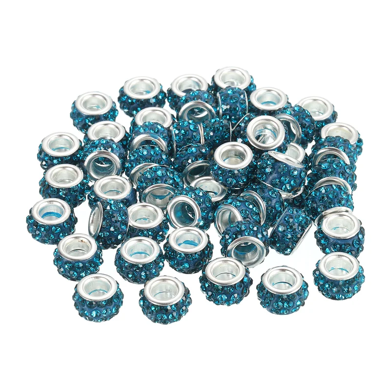 50Pcs European Large Hole Beads, Rhinestone Craft Beads, Blue
