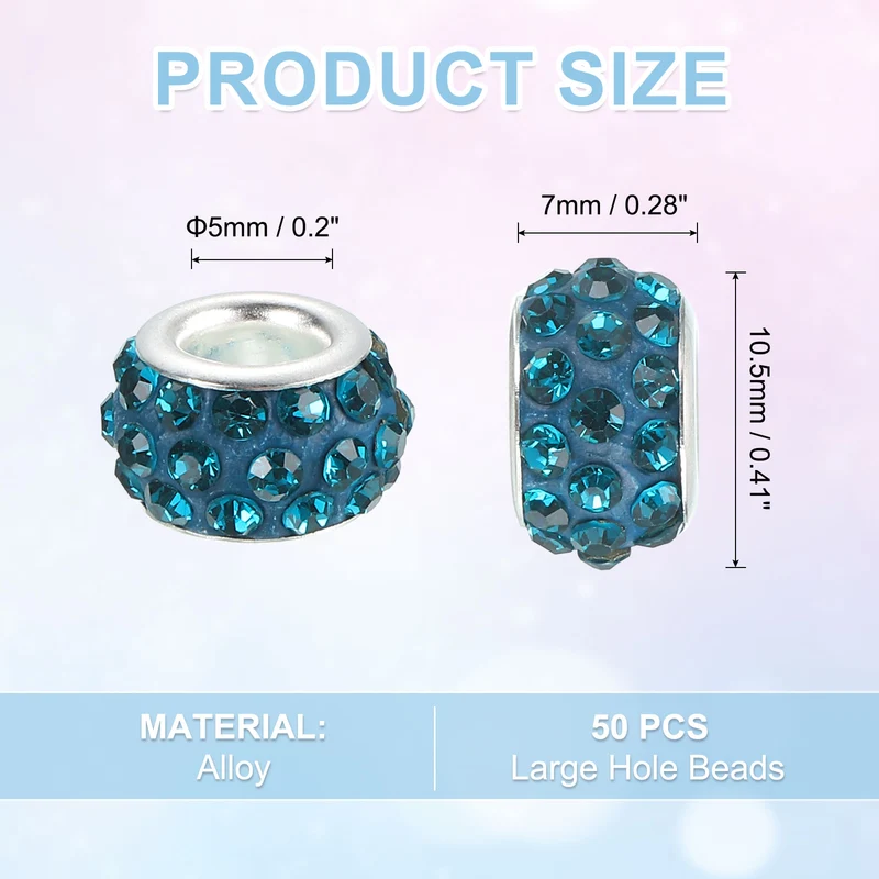 50Pcs European Large Hole Beads, Rhinestone Craft Beads, Blue