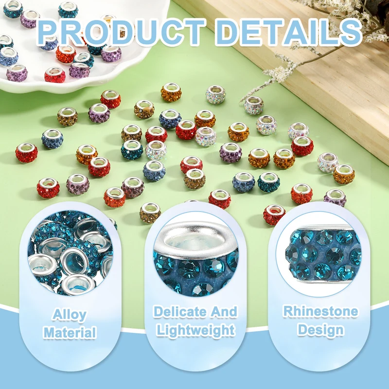 50Pcs European Large Hole Beads, Rhinestone Craft Beads, Blue