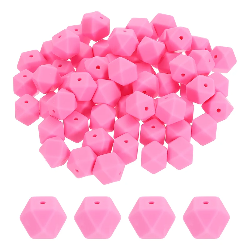 90 Pcs Silicone Beads, 14mm Loose Hexagon Rubber Focal Beads, Rose Pink