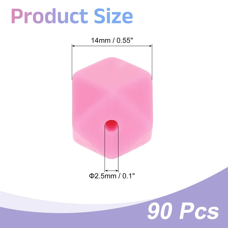 90 Pcs Silicone Beads, 14mm Loose Hexagon Rubber Focal Beads, Rose Pink