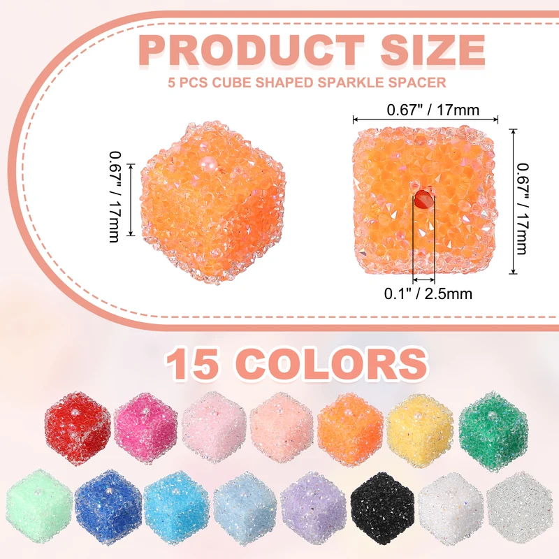 5 Pcs Square Rhinestone Beads for Pens, 17mm Sugar Beads for DIY, Orange