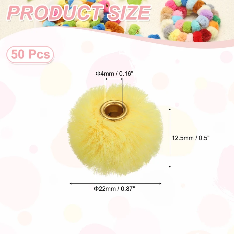 50Pcs Pom Pom Beads, Faux Fur Fuzzy Spacers Bead with 4mm Hole, Bright Yellow