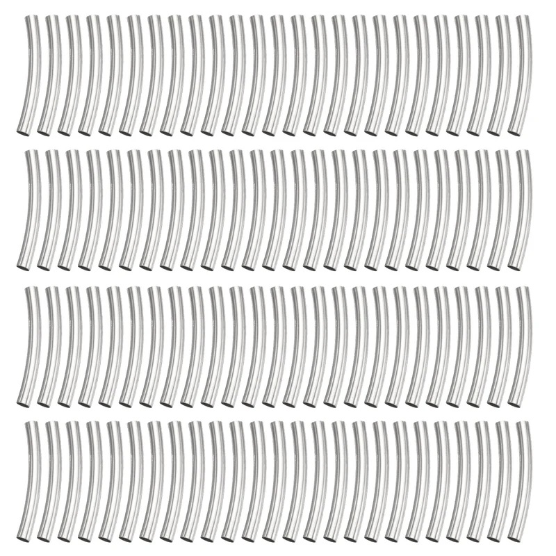 100 Pcs Tube Beads, 3x25mm Curved Noodle Beads for Jewelry Making, Silver