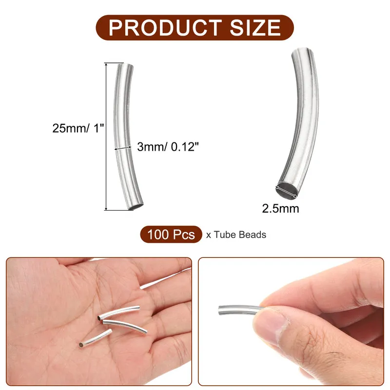 100 Pcs Tube Beads, 3x25mm Curved Noodle Beads for Jewelry Making, Silver