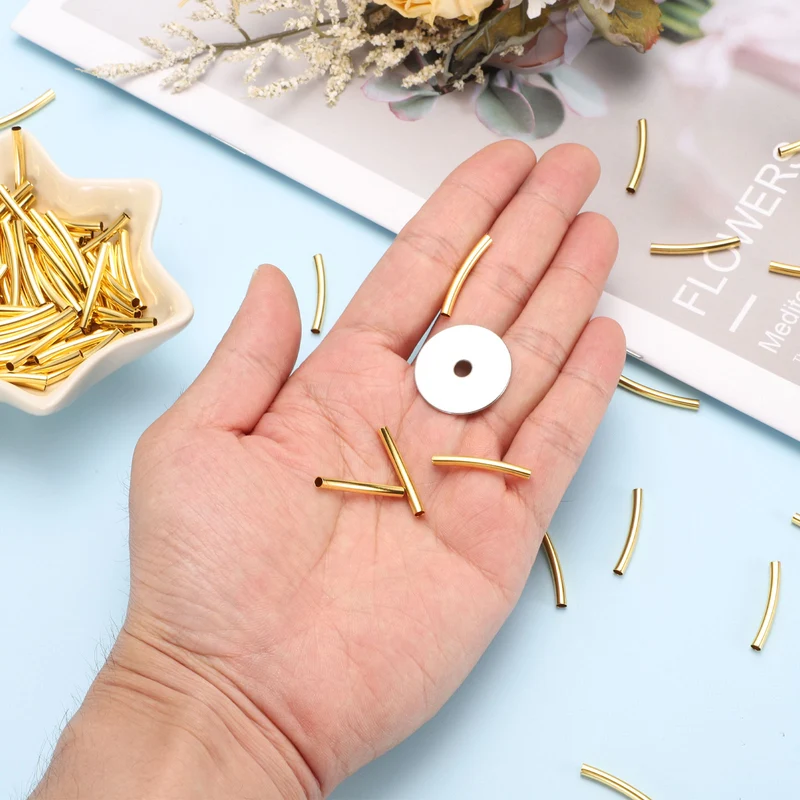 100 Pcs Tube Beads, 3x25mm Curved Noodle Beads for Jewelry Making, Silver