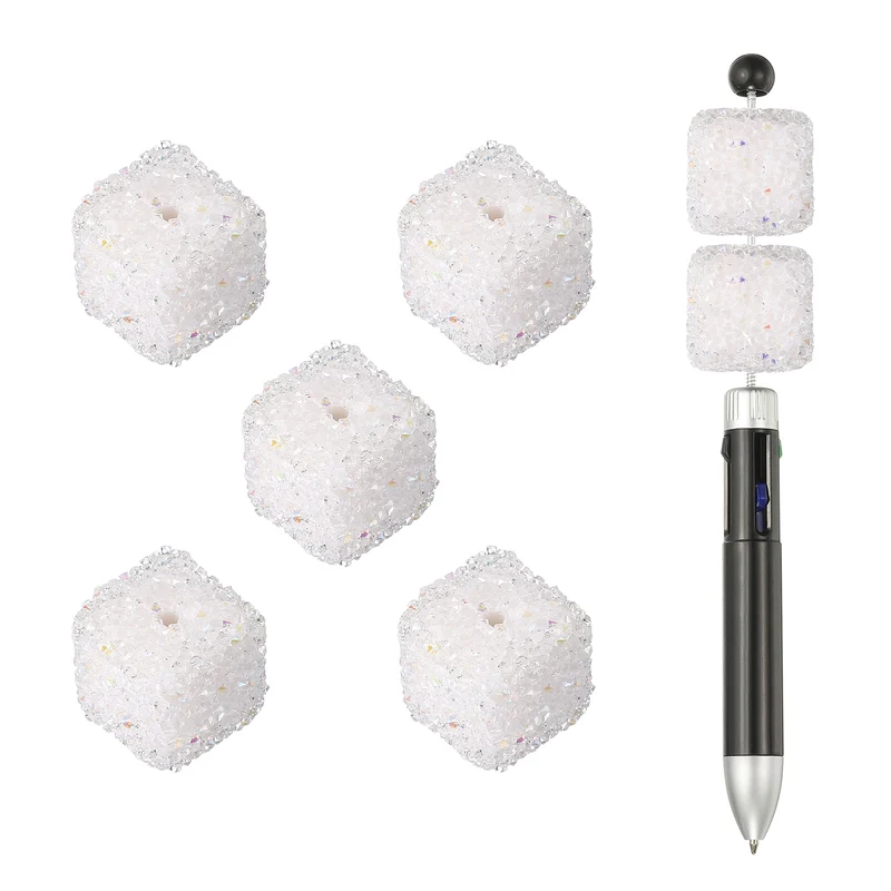 5 Pcs Square Rhinestone Beads for Pens, 17mm Sugar Beads for DIY, White