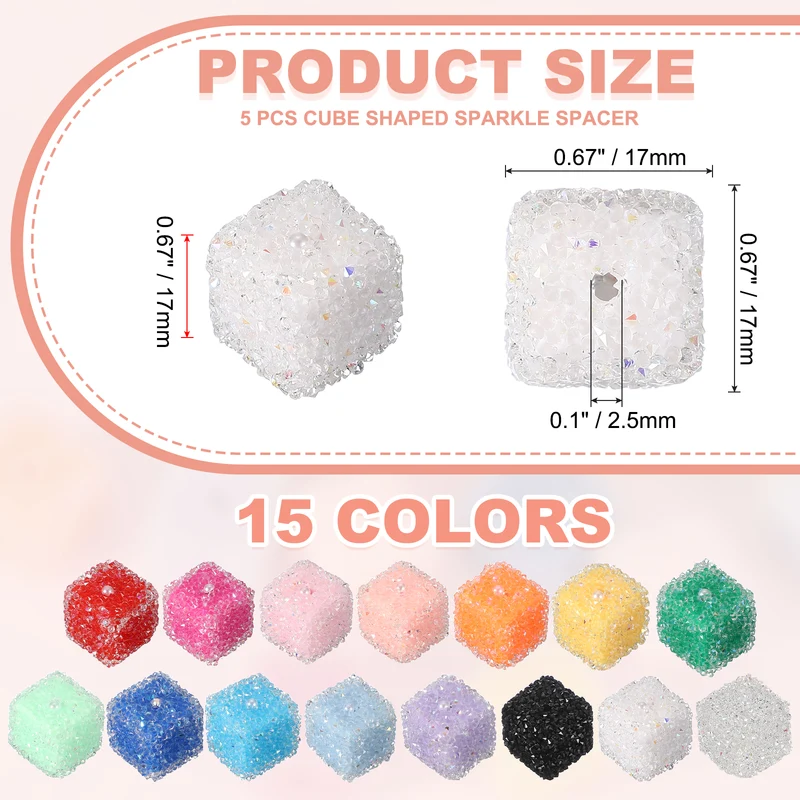 5 Pcs Square Rhinestone Beads for Pens, 17mm Sugar Beads for DIY, White