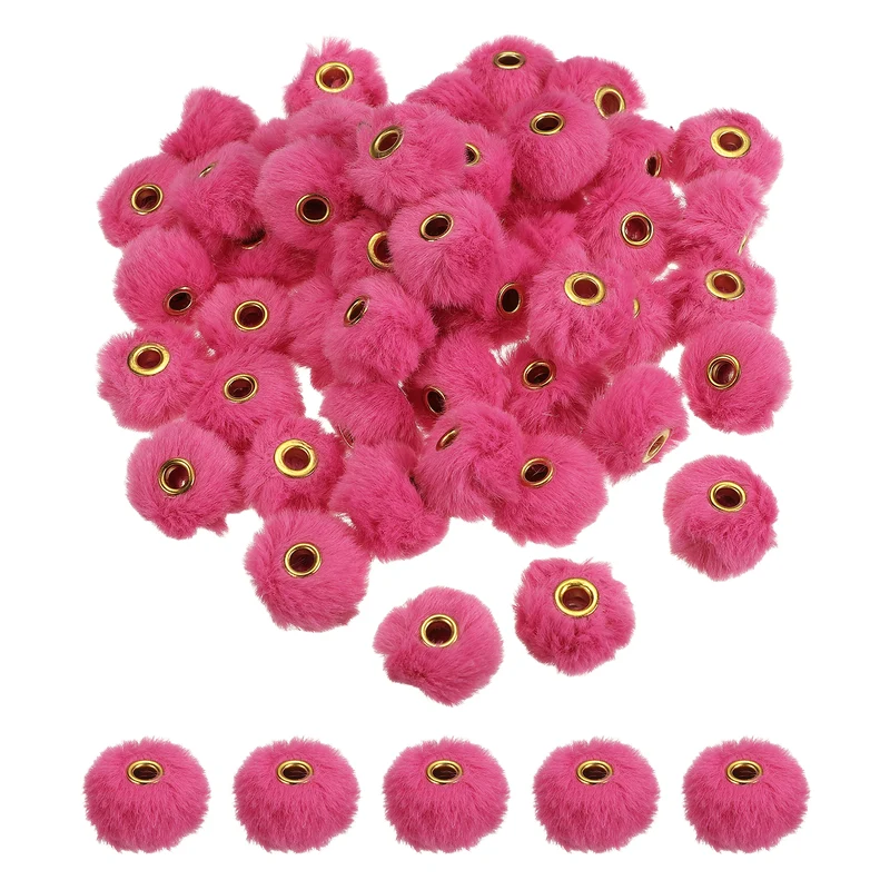 50Pcs Pom Pom Beads, Faux Fur Fuzzy Spacers Bead with 4mm Hole, Dark Pink