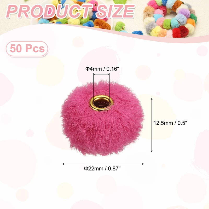 50Pcs Pom Pom Beads, Faux Fur Fuzzy Spacers Bead with 4mm Hole, Dark Pink