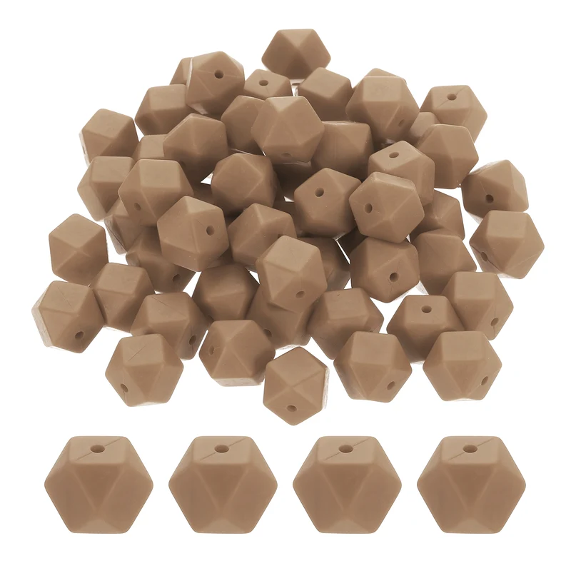 90 Pcs Silicone Beads, 14mm Loose Hexagon Rubber Focal Beads, Light Brown